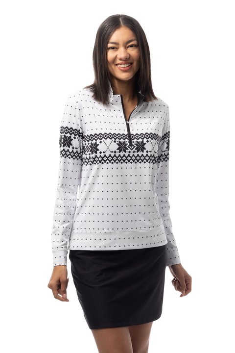 SANSOLEIL 1/4  ZIP MOCK. FAIR ISLE. BLACK. 900454