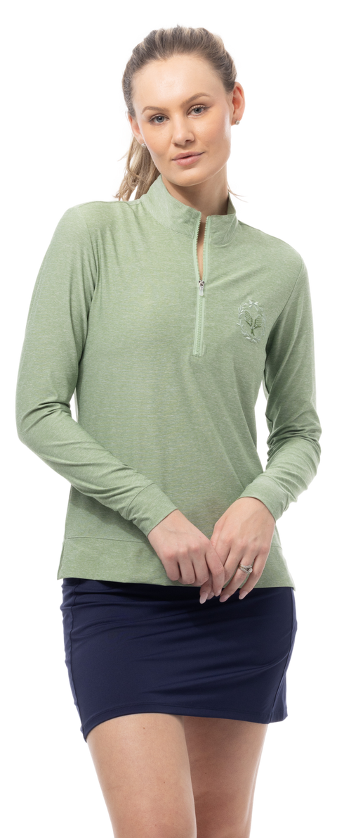 SOLMELANGE 1/4 ZIP MOCK. MOSS with TENNIS EMB. 900454E