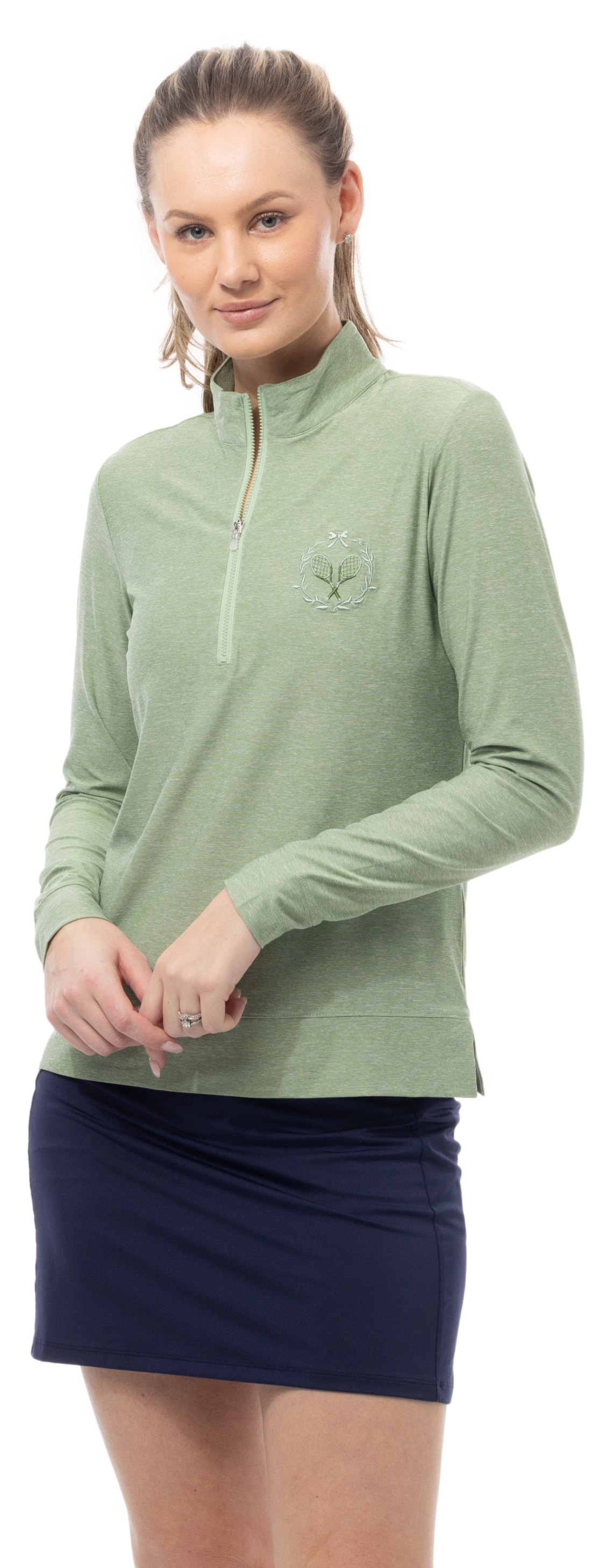 SOLMELANGE 1/4 ZIP MOCK. MOSS with TENNIS EMB. 900454E - SanSoleil
