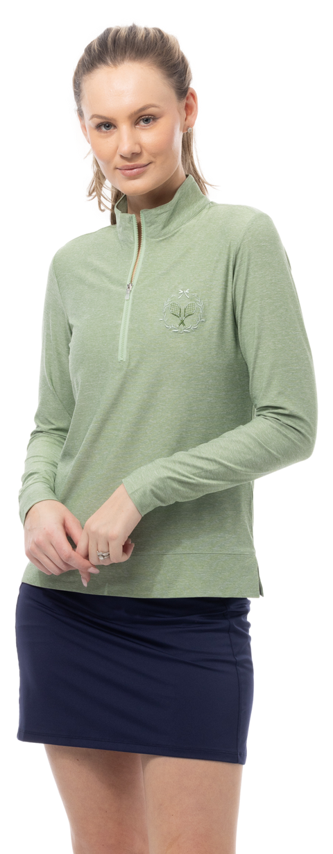 SOLMELANGE 1/4 ZIP MOCK. MOSS with TENNIS EMB. 900454E