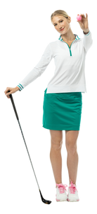 SanSoleil SOLMELANGE white 1/4 zip long sleeve mock with varsity green and pink trim, printed design, comfortable casual style