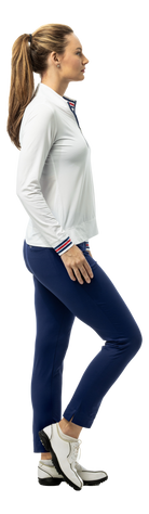 SanSoleil SOLMELANGE 1/4 zip long sleeve mock in white, navy, and red with print design, shown in close-up view.