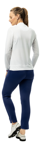 SanSoleil SOLMELANGE 1/4 zip long sleeve mock in white, navy, and red with printed design, shown in close-up image.