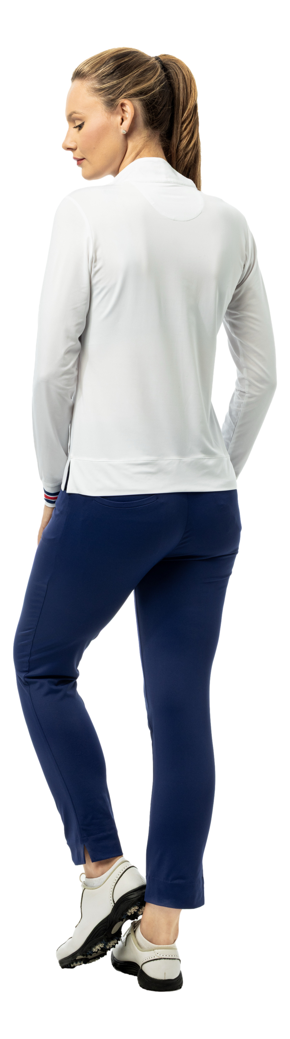 SanSoleil SOLMELANGE 1/4 zip long sleeve mock in white, navy, and red with printed design, shown in close-up image.