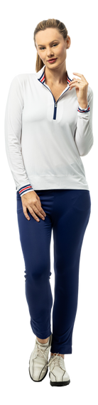 SanSoleil SOLMELANGE 1/4 zip long sleeve mock shirt in white, navy, and red with print design, featuring a comfortable fit and stylish look.