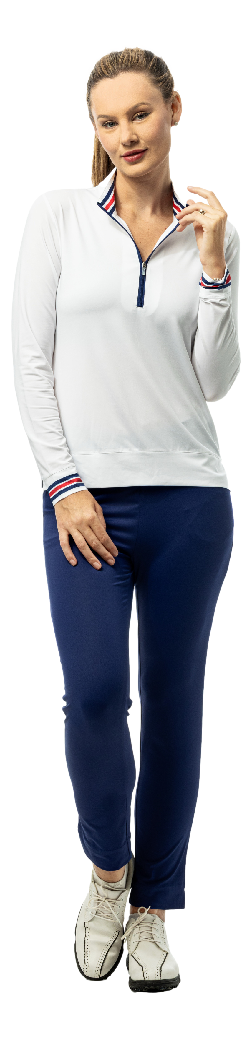 SanSoleil SOLMELANGE 1/4 zip long sleeve mock shirt in white, navy, and red with print design, featuring a comfortable fit and stylish look.