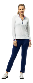 SanSoleil SOLMELANGE 1/4 zip long sleeve mock in white, navy, and red print with contrasting trim, showing the front view.