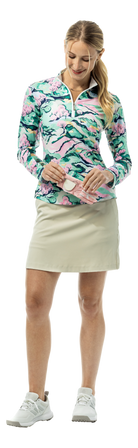 SanSoleil SOLCOOL 1/4 Zip Mock Berkshire print long sleeve shirt showing the patterned fabric and zip neckline.