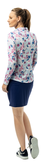 SanSoleil SOLCOOL 1/4 zip mock shirt with cherry blossom print, long sleeve, breathable fabric, stylish outdoor wear