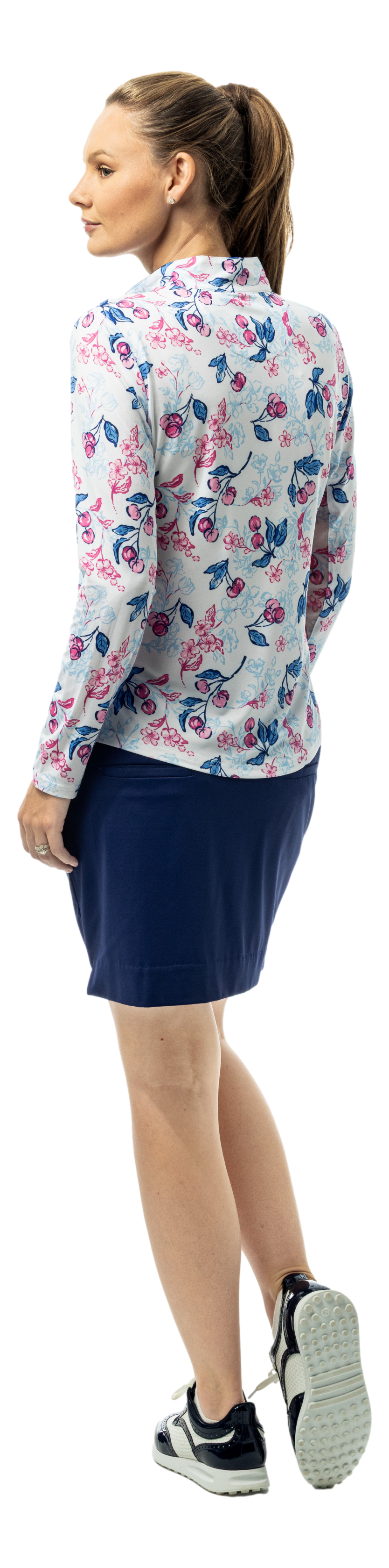 SanSoleil SOLCOOL 1/4 zip mock shirt with cherry blossom print, long sleeve, breathable fabric, stylish outdoor wear