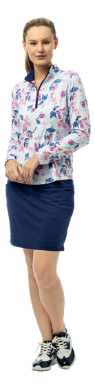 SanSoleil SOLCOOL 1/4 zip mock long sleeve shirt with cherry blossom print, lightweight and breathable fabric.