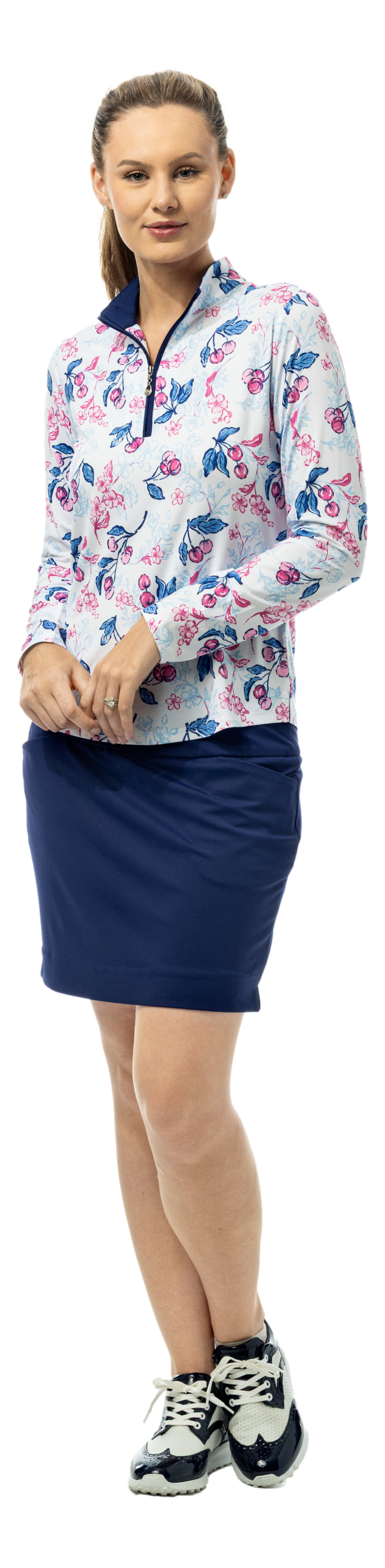 SanSoleil SOLCOOL 1/4 zip mock long sleeve shirt with cherry blossom print, lightweight and breathable fabric.