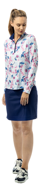 SanSoleil SOLCOOL 1/4 zip mock long sleeve shirt with cherry blossom print, featuring vibrant floral design and comfortable fit.