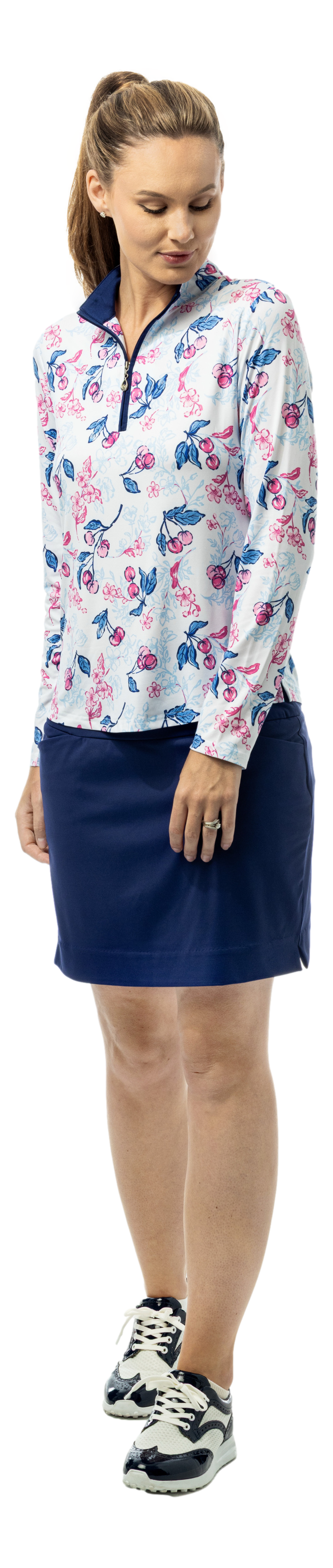 SanSoleil SOLCOOL 1/4 zip mock long sleeve shirt with cherry blossom print, featuring vibrant floral design and comfortable fit.