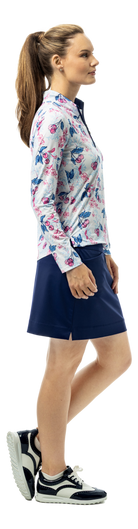 SanSoleil SOLCOOL 1/4 zip mock shirt with cherry blossom print, long sleeve, lightweight fabric for active wear.