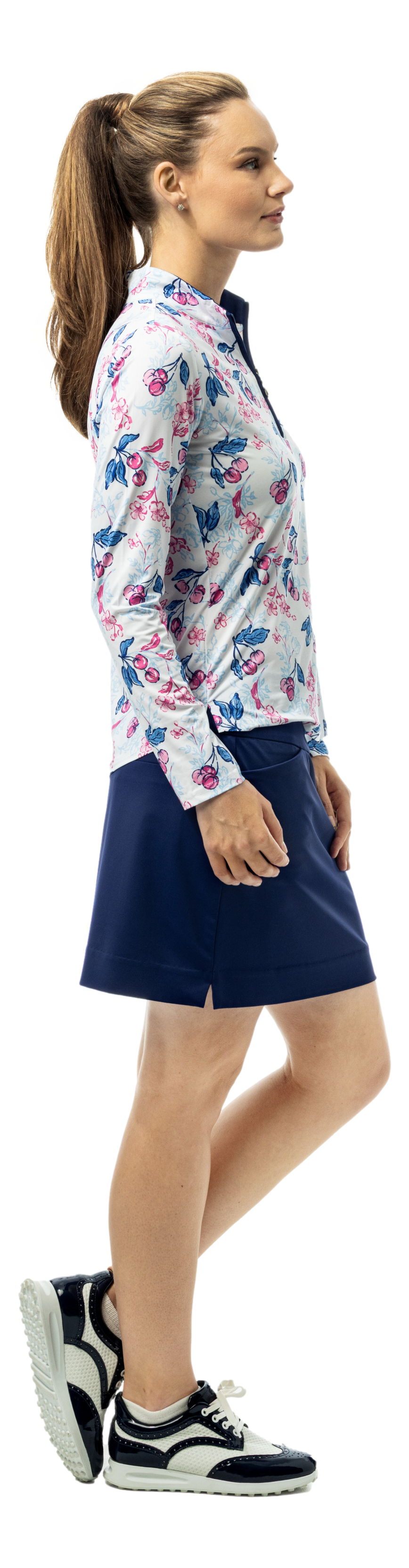 SanSoleil SOLCOOL 1/4 zip mock shirt with cherry blossom print, long sleeve, lightweight fabric for active wear.