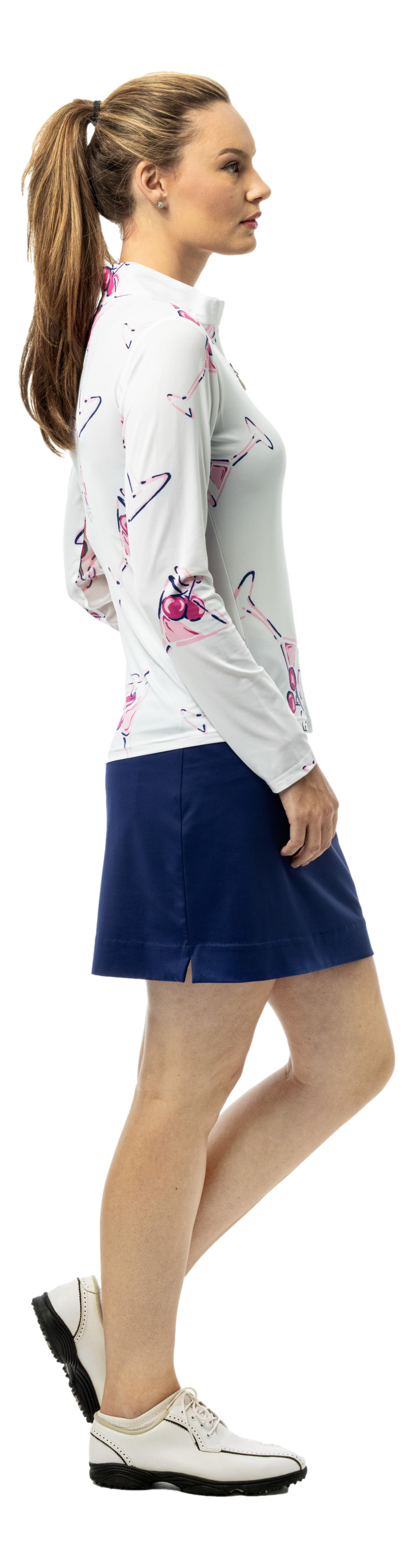 SanSoleil SOLCOOL 1/4 ZIP MOCK long sleeve shirt with print design in Mauve Cherie color, showcasing a stylish, comfortable fit.