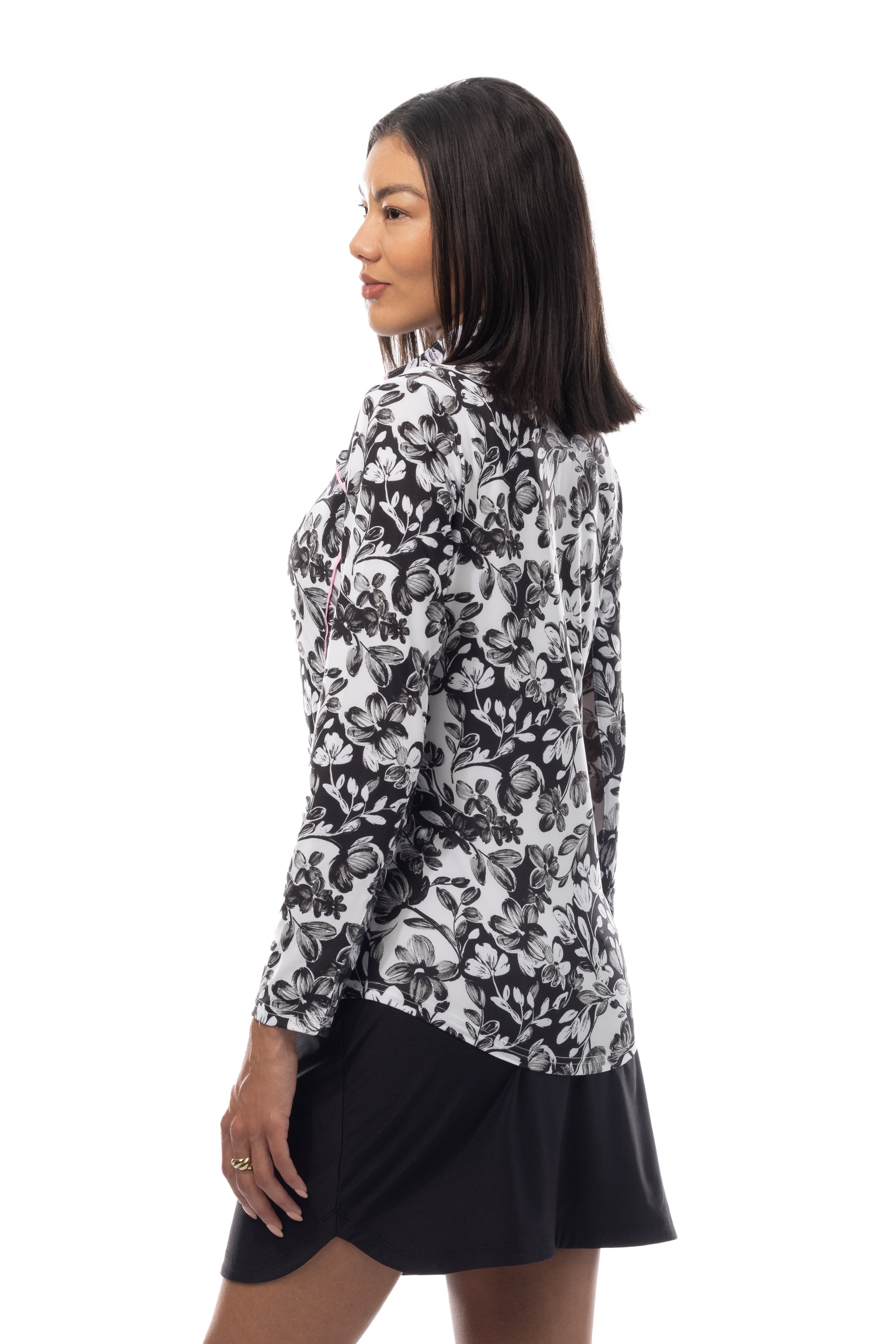 SANSOLEIL 1/4 ZIP MOCK WITH PIPING. JARDIN. BLACK-BALLET PINK. 900445P - SanSoleil
