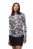 SANSOLEIL 1/4 ZIP MOCK WITH PIPING. JARDIN. BLACK-BALLET PINK. 900445P - SanSoleil