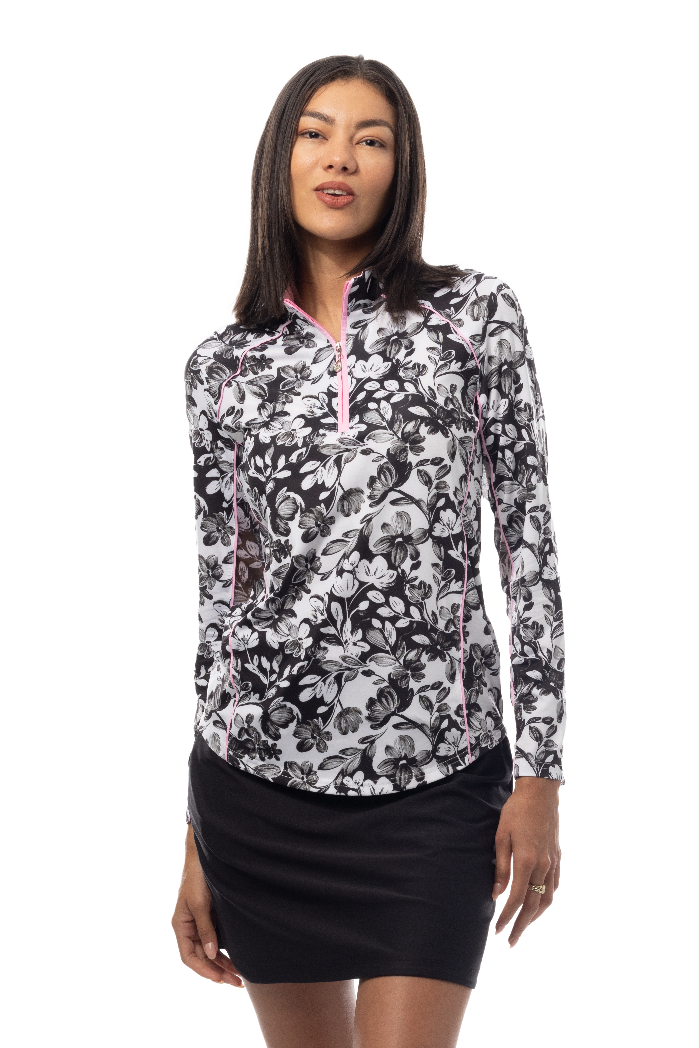 SANSOLEIL 1/4 ZIP MOCK WITH PIPING. JARDIN. BLACK-BALLET PINK. 900445P - SanSoleil