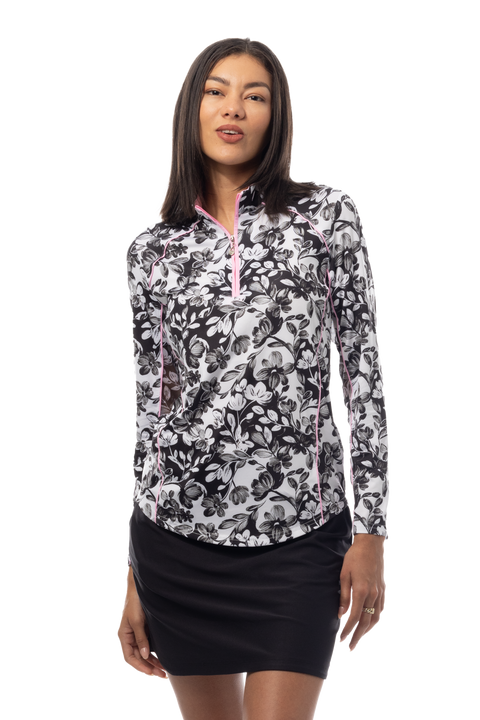 SANSOLEIL 1/4 ZIP MOCK WITH PIPING. JARDIN. BLACK-BALLET PINK. 900445P