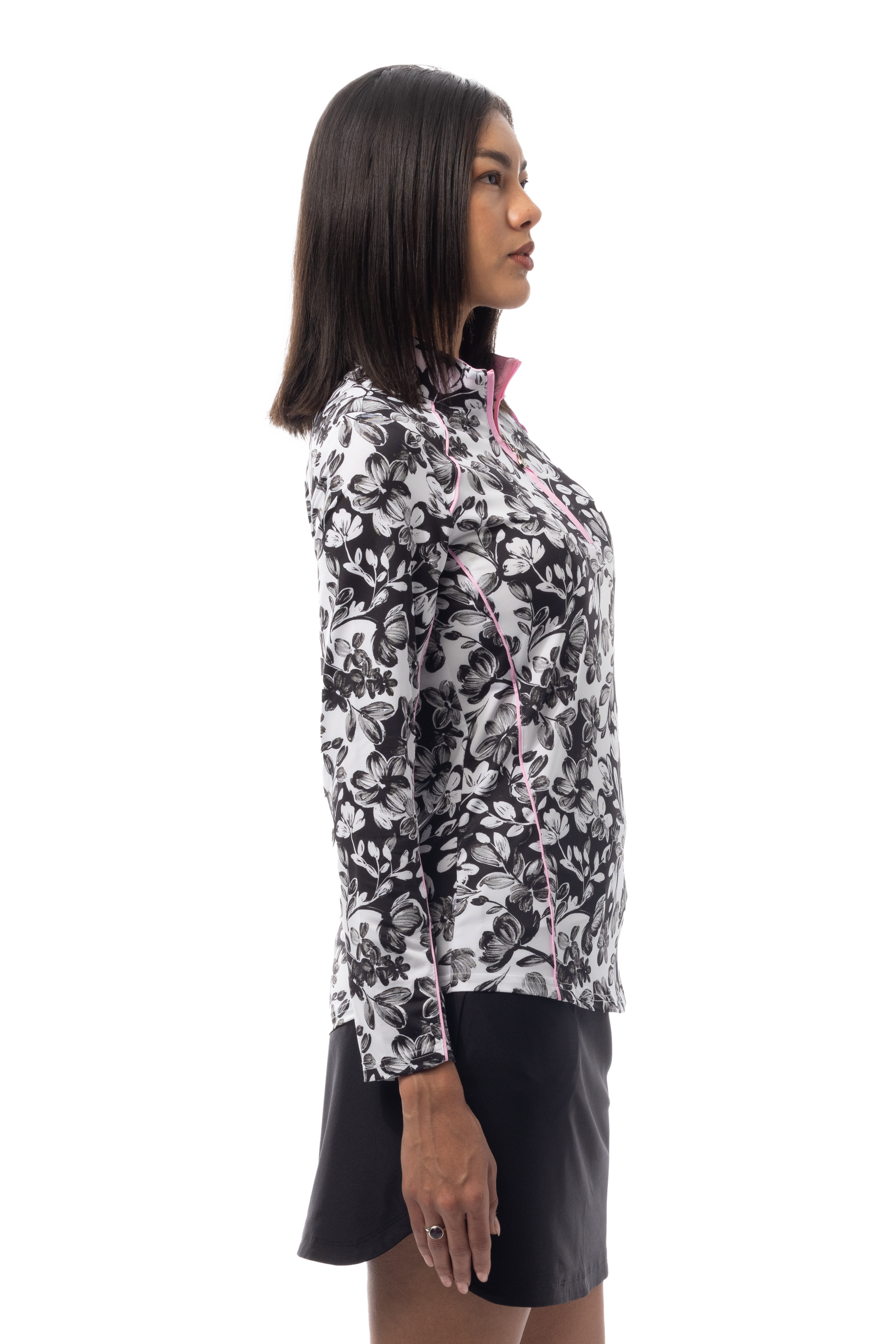 SANSOLEIL 1/4 ZIP MOCK WITH PIPING. JARDIN. BLACK-BALLET PINK. 900445P - SanSoleil