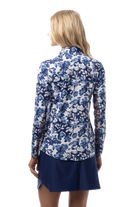SANSOLEIL 1/4 ZIP MOCK WITH PIPING. JARDIN. CORNFLOWER-NAVY. 900445P - SanSoleil