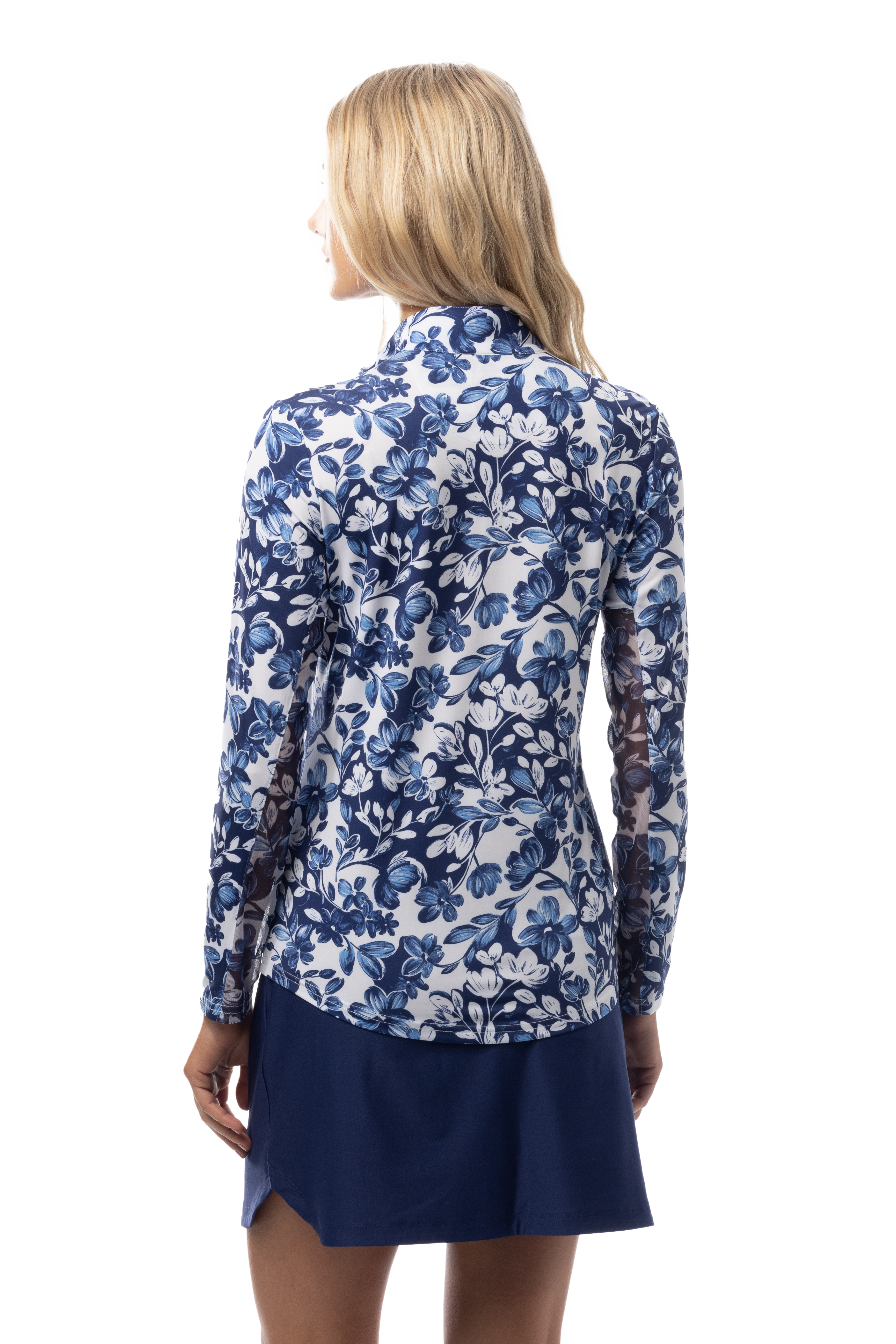 SANSOLEIL 1/4 ZIP MOCK WITH PIPING. JARDIN. CORNFLOWER-NAVY. 900445P - SanSoleil