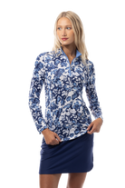SANSOLEIL 1/4 ZIP MOCK WITH PIPING. JARDIN. CORNFLOWER-NAVY. 900445P - SanSoleil