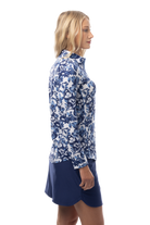 SANSOLEIL 1/4 ZIP MOCK WITH PIPING. JARDIN. CORNFLOWER-NAVY. 900445P - SanSoleil