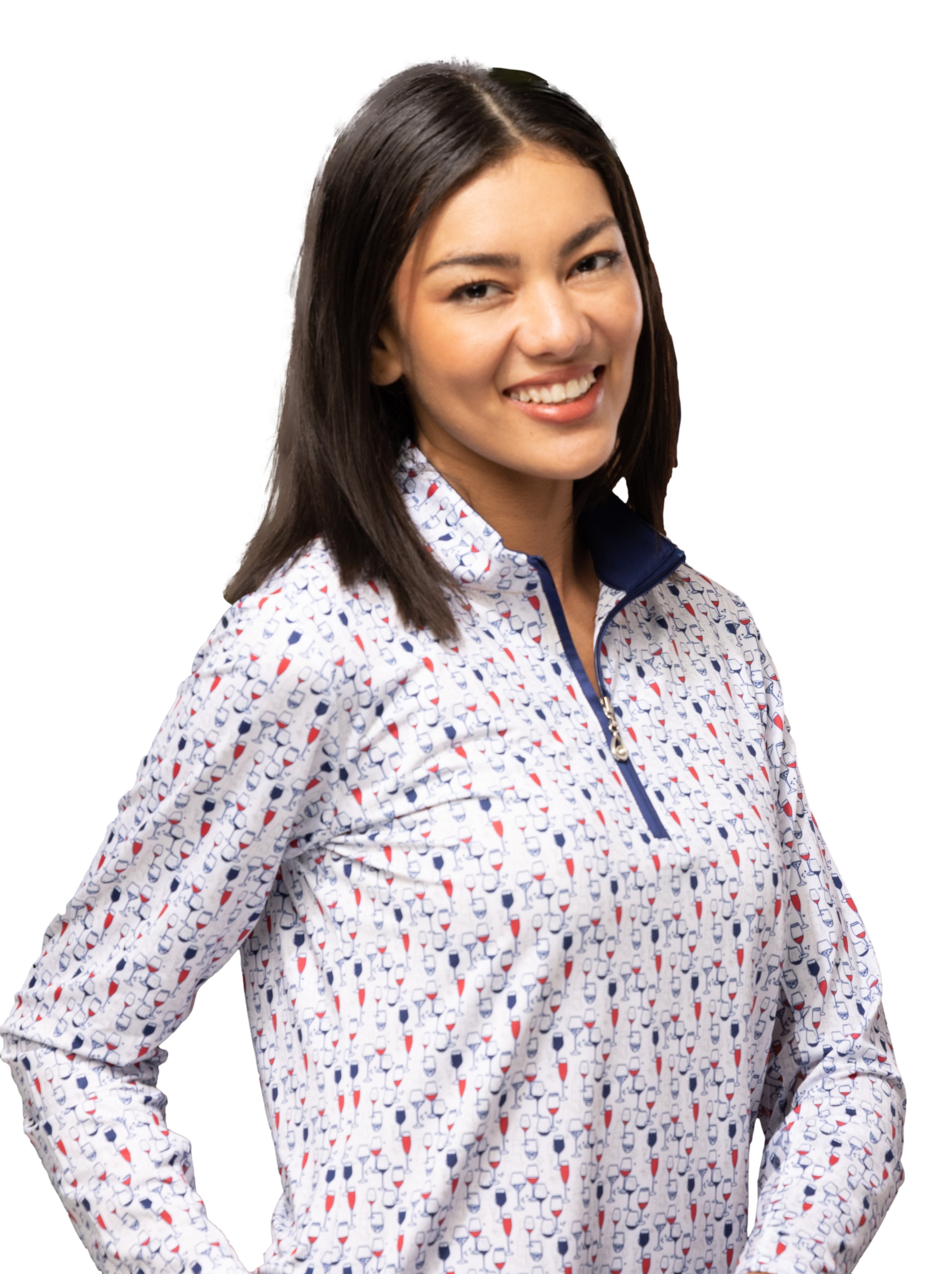 SANSOLEIL'S SOLCOOL 1/4 ZIP MOCK. RED WINE AND BLUE. 900463 - SanSoleil