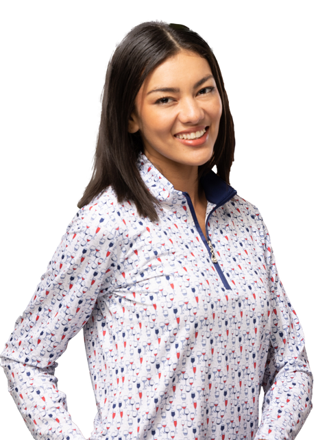 SANSOLEIL'S SOLCOOL 1/4 ZIP MOCK. RED WINE AND BLUE. 900463