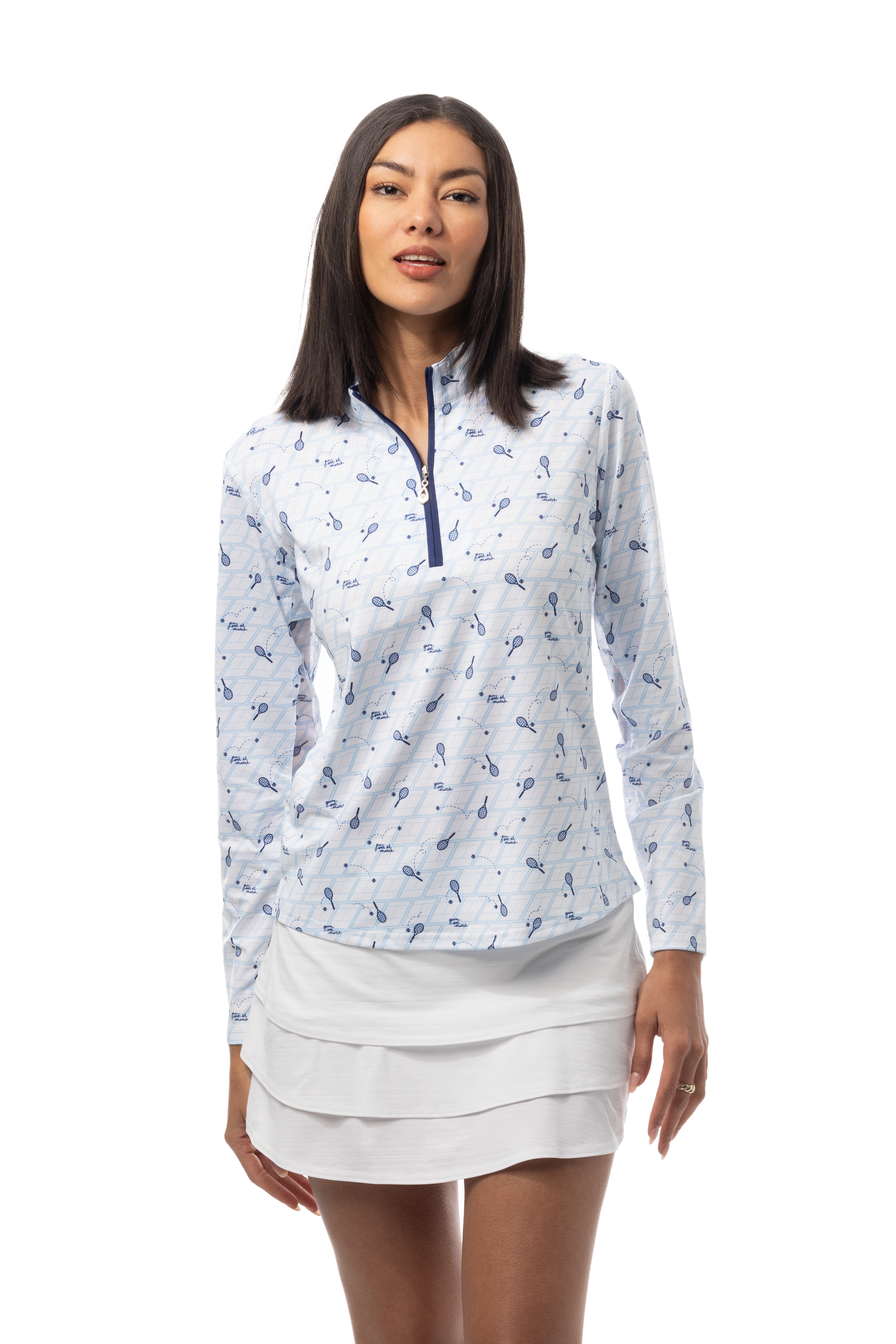 SANSOLEIL SOLCOOL PRINT 1/4 ZIP MOCK. GAME SET MATCH BLUE. 900463 - SanSoleil
