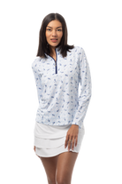 SANSOLEIL SOLCOOL PRINT 1/4 ZIP MOCK. GAME SET MATCH BLUE. 900463 - SanSoleil