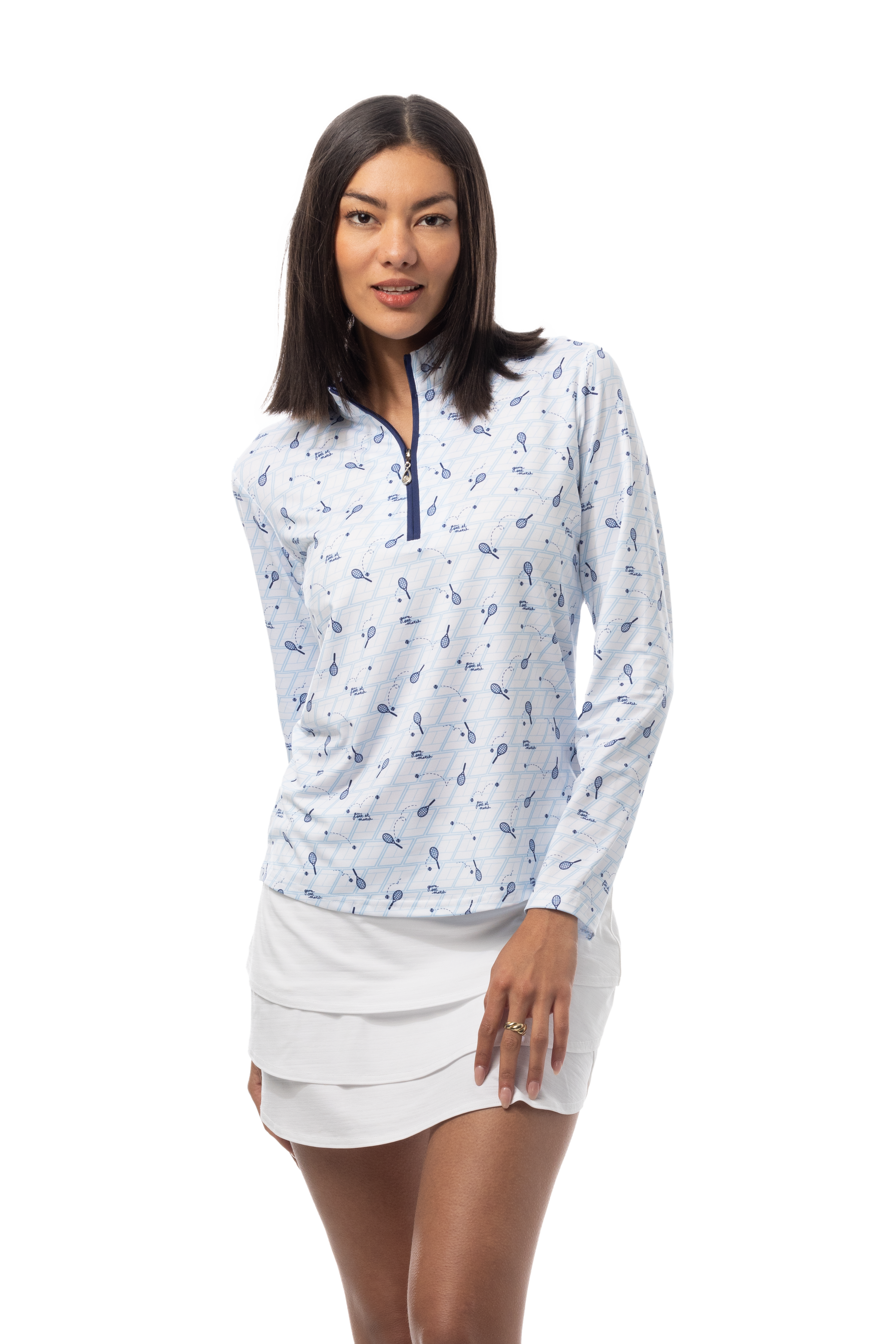 SANSOLEIL SOLCOOL PRINT 1/4 ZIP MOCK. GAME SET MATCH BLUE. 900463 - SanSoleil