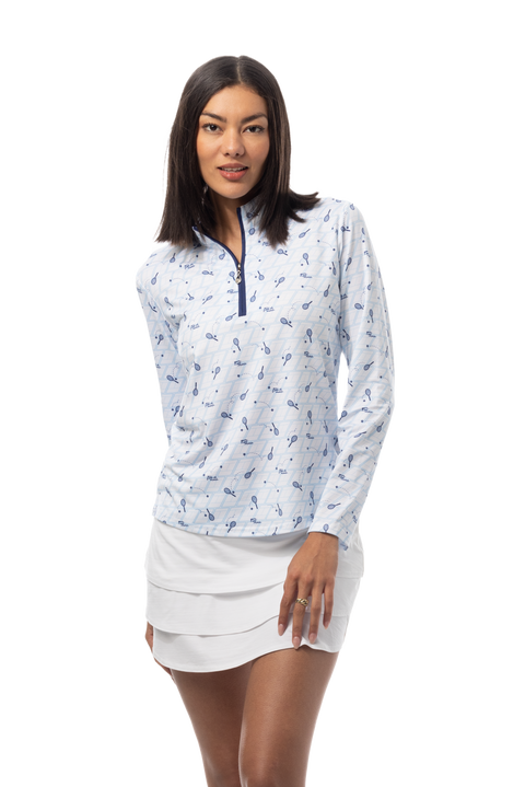 SANSOLEIL SOLCOOL PRINT 1/4 ZIP MOCK. GAME SET MATCH BLUE. 900463