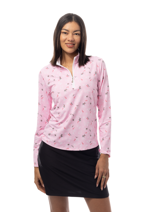 SANSOLEIL 1/4 ZIP MOCK. DECK THE HALLS. PINK. 900463