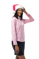 SANSOLEIL 1/4 ZIP MOCK. DECK THE HALLS. PINK. 900463 - SanSoleil