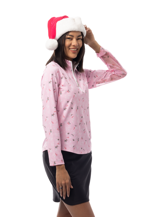 SANSOLEIL 1/4 ZIP MOCK. DECK THE HALLS. PINK. 900463