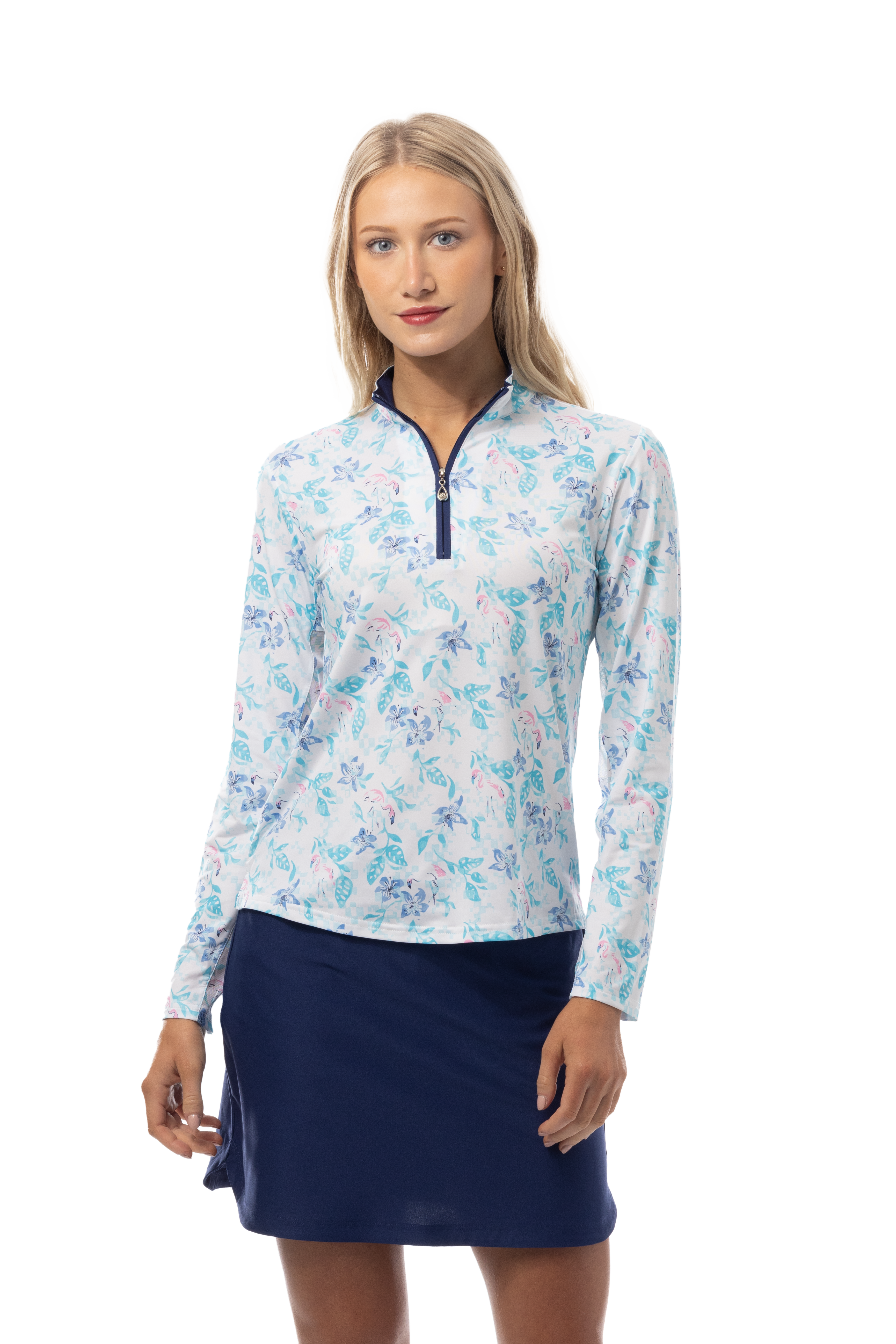 SANSOLEIL'S SOLCOOL 1/4 ZIP MOCK. FLAMINGO GARDEN. 900463 - SanSoleil