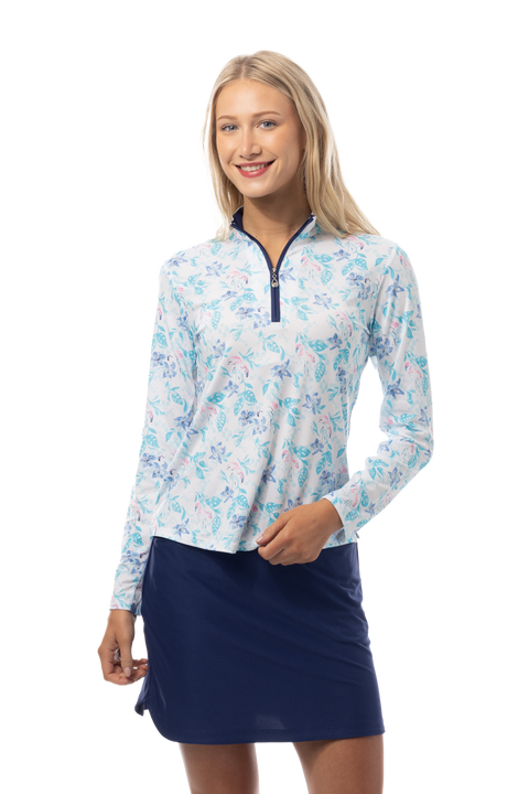 SANSOLEIL'S SOLCOOL 1/4 ZIP MOCK. FLAMINGO GARDEN. 900463