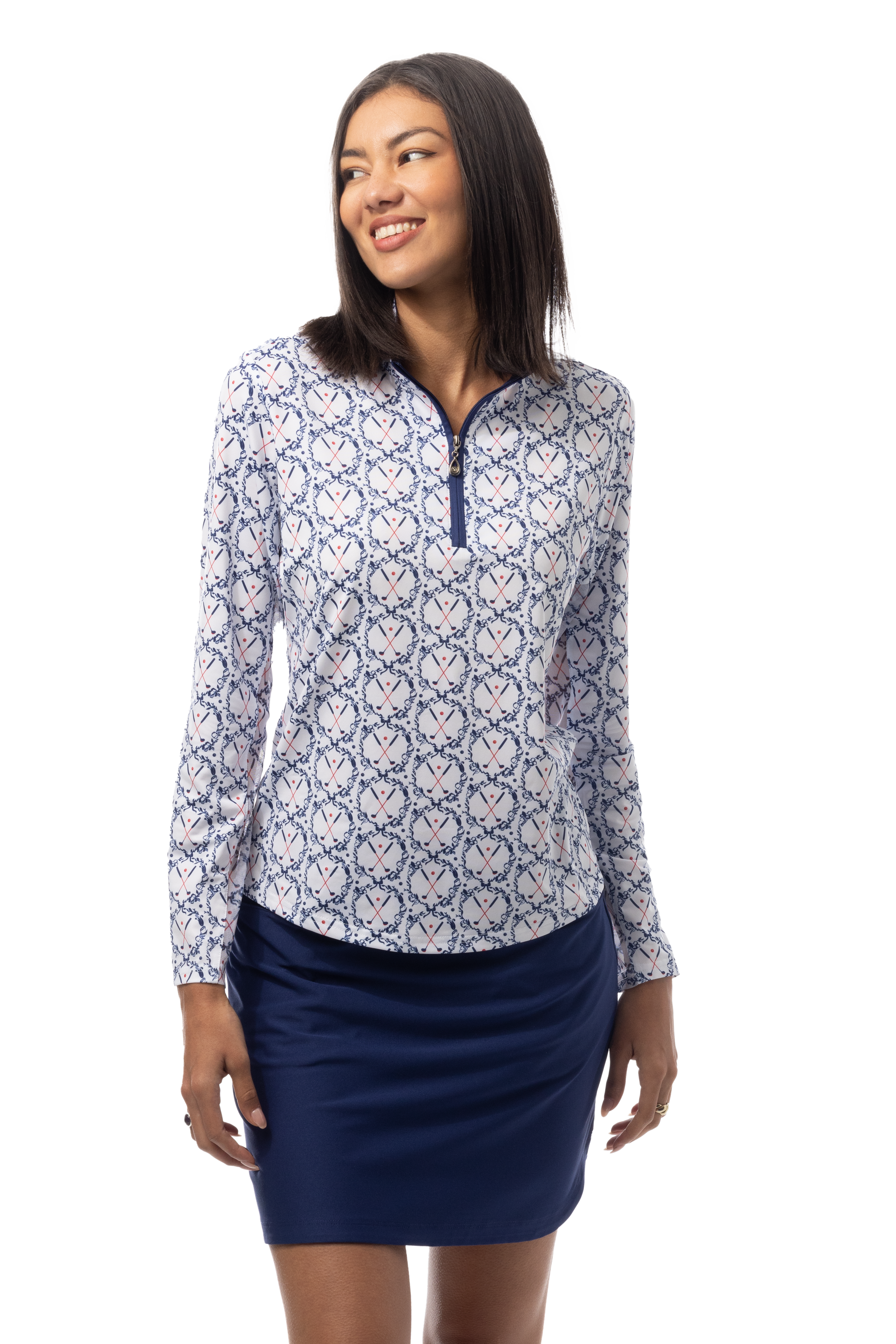 SANSOLEIL'S SOLCOOL 1/4 ZIP MOCK. GOLF CREST. NAVY RED. 900463 - SanSoleil