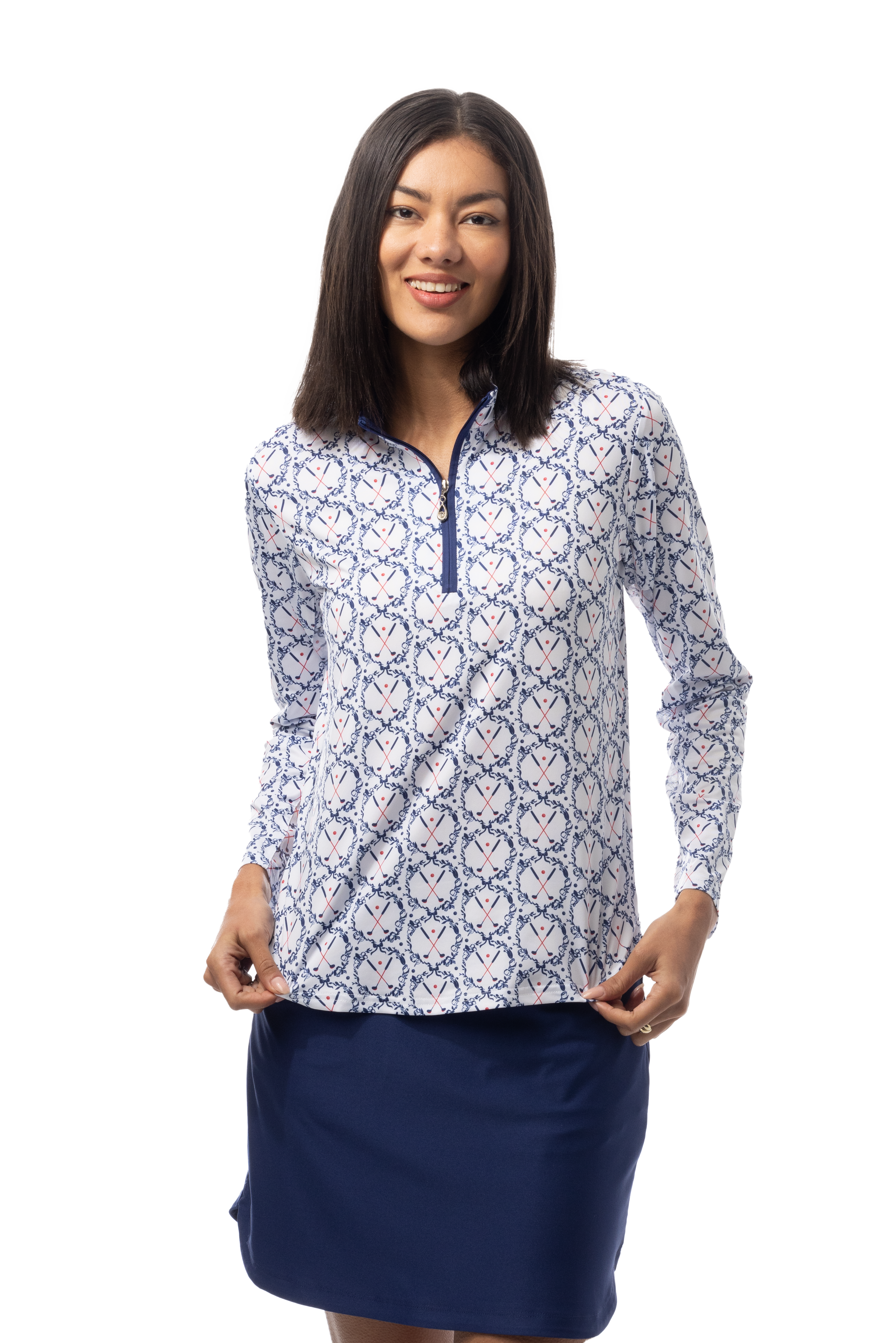 SANSOLEIL'S SOLCOOL 1/4 ZIP MOCK. GOLF CREST. NAVY RED. 900463 - SanSoleil