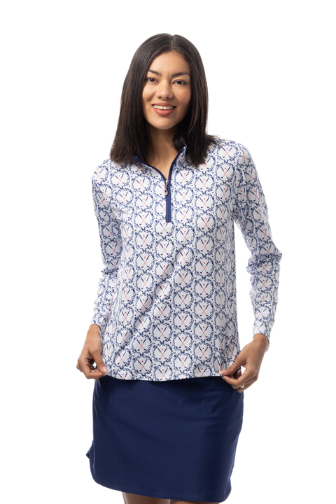SANSOLEIL'S SOLCOOL 1/4 ZIP MOCK. GOLF CREST. NAVY RED. 900463