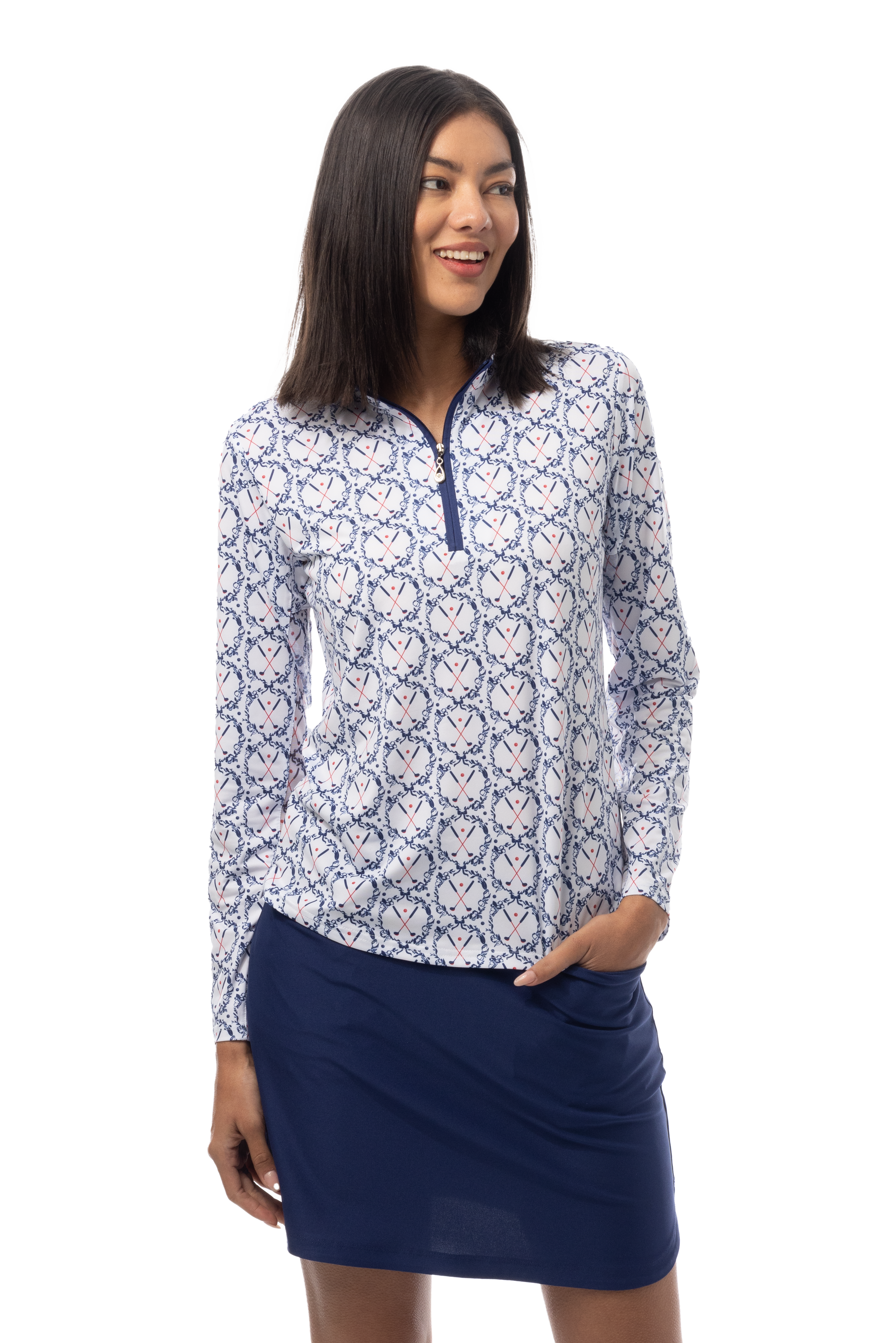 SANSOLEIL'S SOLCOOL 1/4 ZIP MOCK. GOLF CREST. NAVY RED. 900463 - SanSoleil