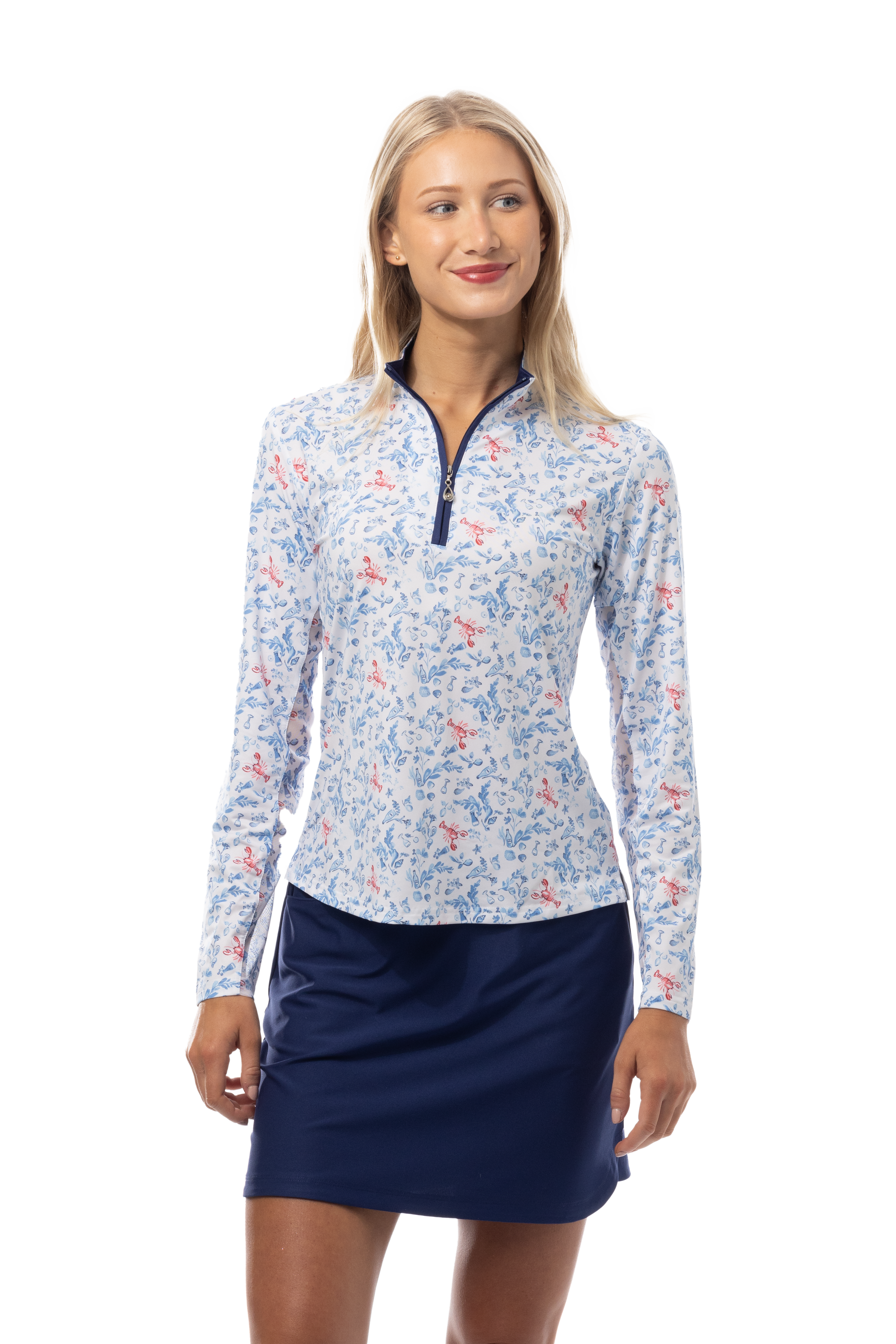 SANSOLEIL SOLCOOL PRINT 1/4 ZIP MOCK. LOBSTER POT. 900463 - SanSoleil