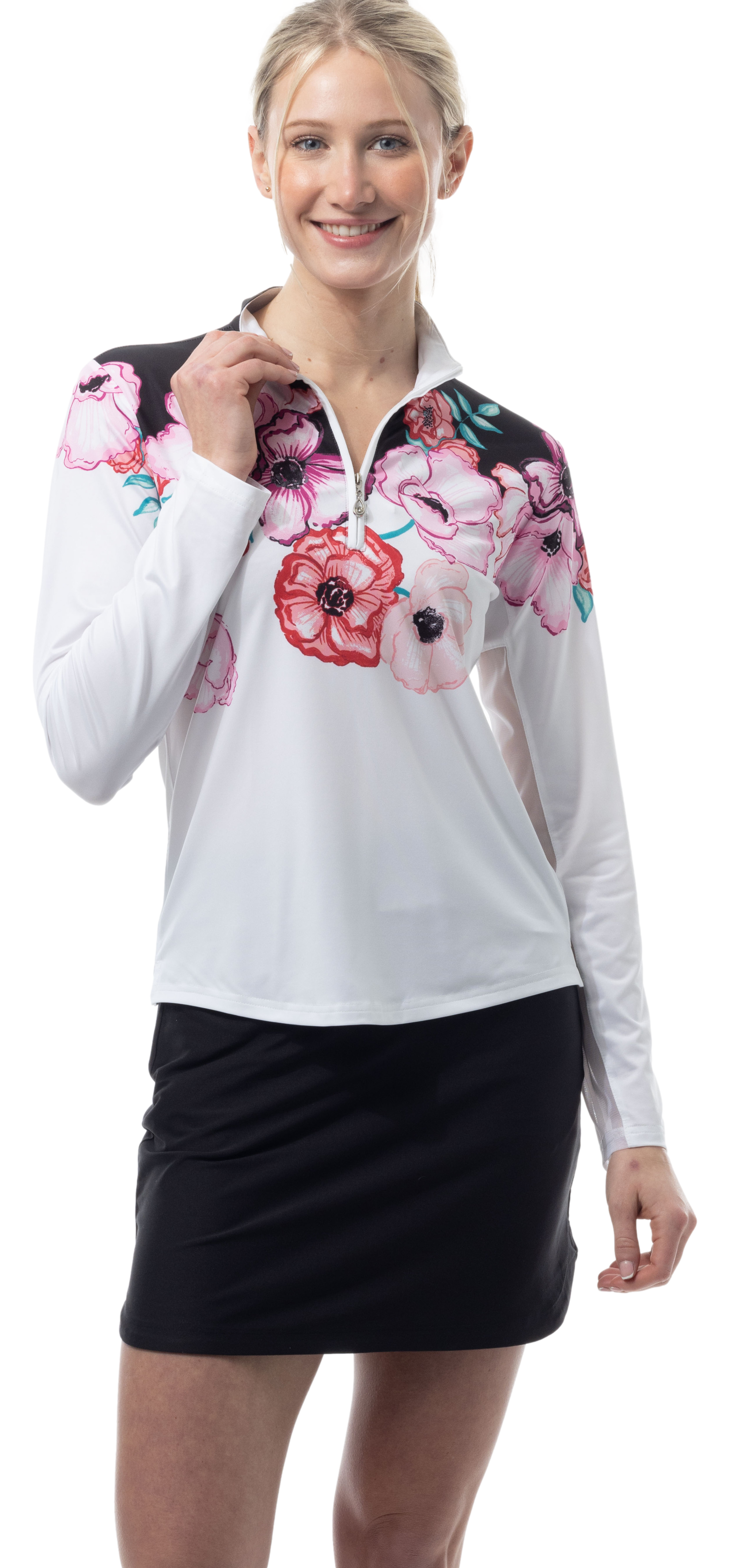 SOLCOOL 1/4 ZIP MOCK. POPPY PATCH. BLACK. 900463 - SanSoleil