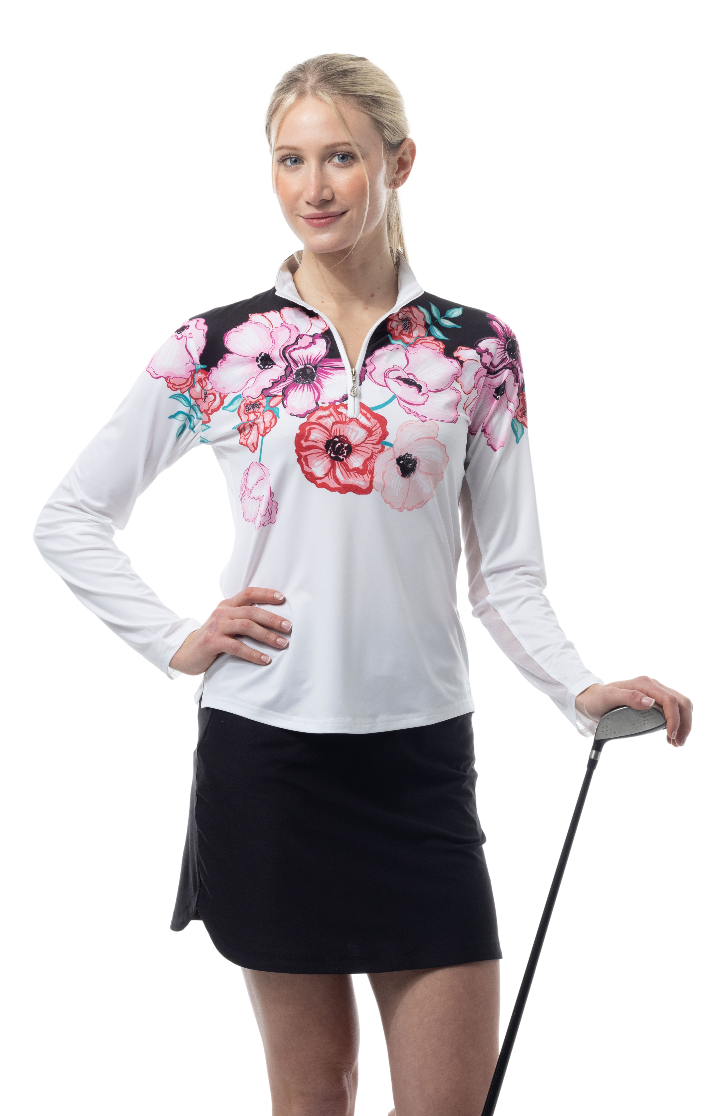 SOLCOOL 1/4 ZIP MOCK. POPPY PATCH. BLACK. 900463 - SanSoleil