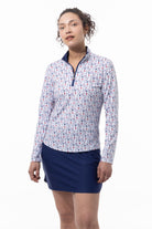 SANSOLEIL'S SOLCOOL 1/4 ZIP MOCK. RED WINE AND BLUE. 900463 - SanSoleil