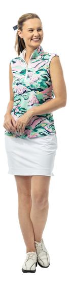 SanSoleil SOLCOOL 1/4 zip sleeveless mock top in Berkshire print, featuring short sleeves and breathable fabric.